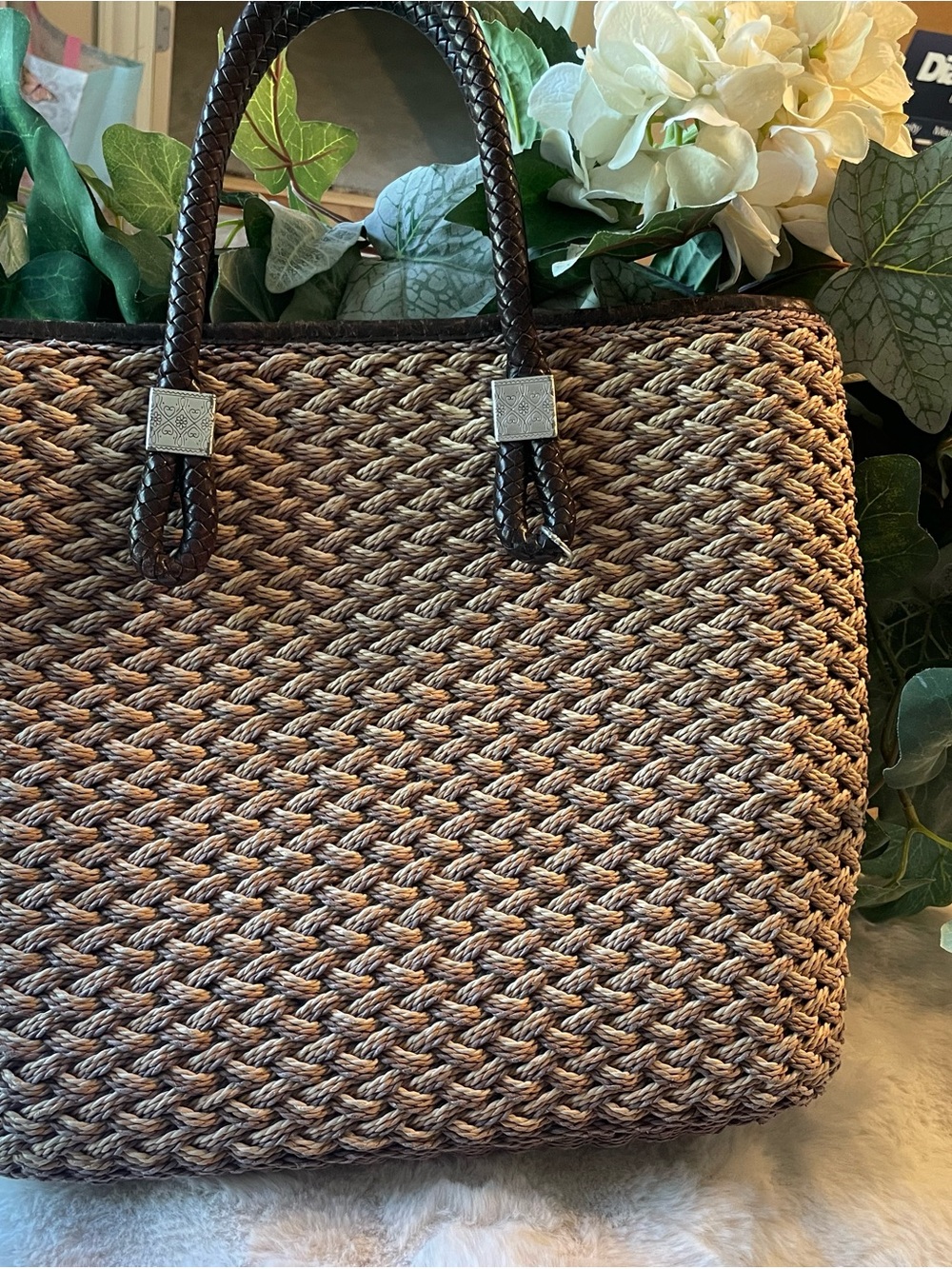 Brighton Braided Straw Tote with Dark Brown Leather Handles